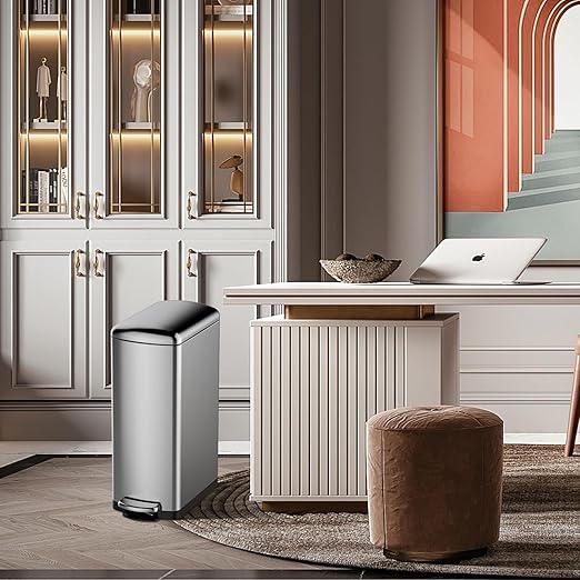 Garvee Slim Kitchen Trash Can 8 Gal, Skinny Stainless Steel Garbage Can with Removable Inner Bucket & Soft Close Lid, Narrow Trash Bin for Bathroom Living Room Office, Silver
