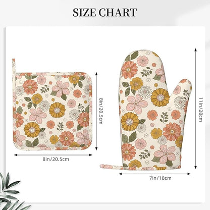 Retro 70s Style Flower Oven Mitts and Pot Holders Set of 4 Silicone Retro Boho Groovy Flower Kitchen Mitten Gloves and Non-Slip Potholders Set Heat Resistant Oven Gloves Hot Holders for BBQ