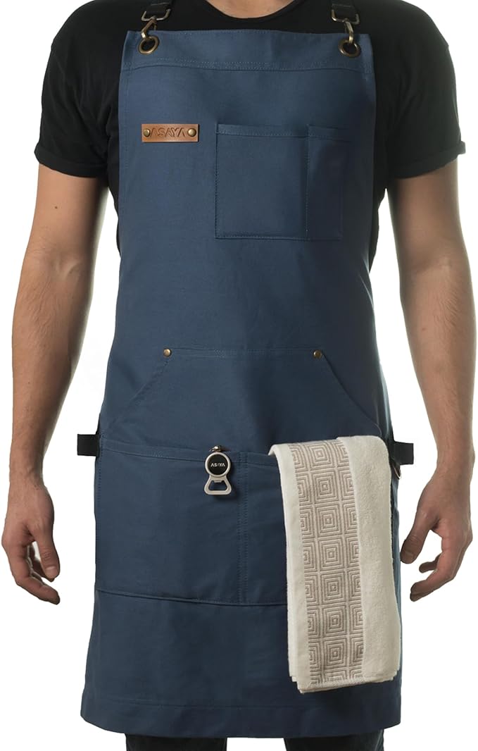 Asaya Chef and BBQ Apron with Bottle Opener and Hand Towel - 10oz Cotton Canvas, Stainless Steel Hardware - Cross Back Straps by AsayaChefProducts