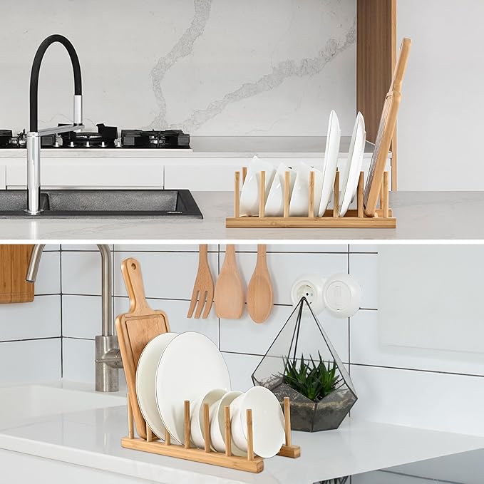 INNERNEED Bamboo Wooden Dish Rack, Vertical Plate & Lid Organizer for Kitchen Cabinet or Countertop, Drying Stand for Dishes, Cutting Boards - Image 6