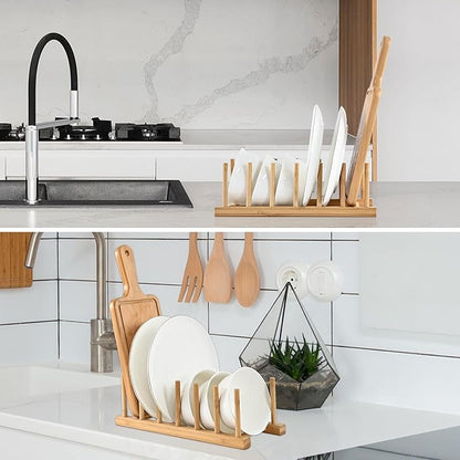 INNERNEED Bamboo Wooden Dish Rack, Vertical Plate & Lid Organizer for Kitchen Cabinet or Countertop, Drying Stand for Dishes, Cutting Boards - Image 6