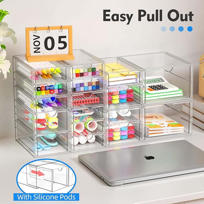 ARSTPEOE Makeup Acrylic Organizer with 17 Drawers(4 Sets), Desk Organizers and Accessories, Clear Makeup Organizer, Dustproof Storage Drawers for Office Art Craft Supplies - Image 4