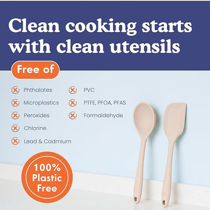 Non-Toxic Platinum Silicone Kitchen Utensil Set of 2 – Non-Scratch Cooking Spoon & Spatula, 100% Plastic Free, Stainless Steel Core, Heat Resistant 500°F, Beige - Image 4