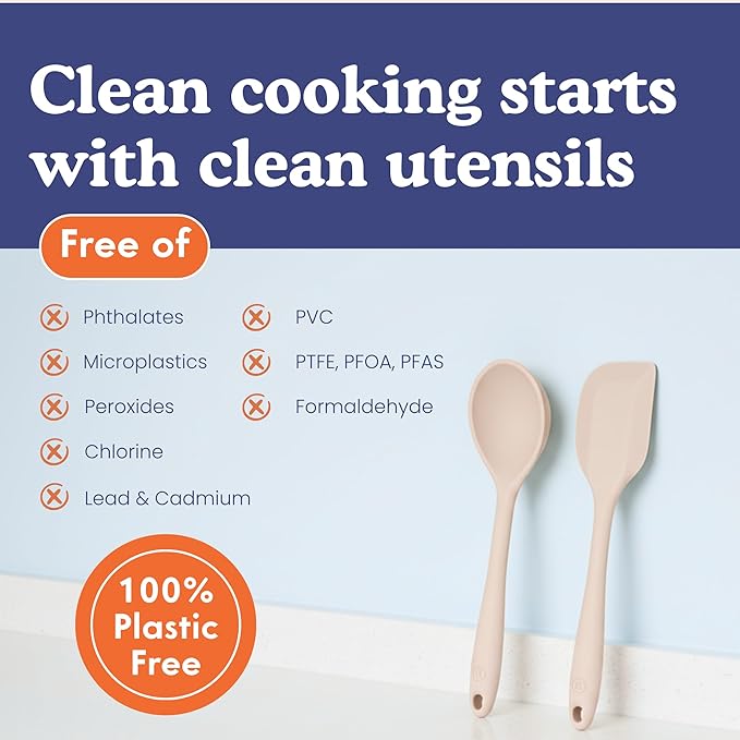 Non-Toxic Platinum Silicone Kitchen Utensil Set of 8 – Non-Scratch Cooking Spoons & Spatulas, 100% Plastic Free, Stainless Steel Core, Heat Resistant 500°F, Beige - Image 4