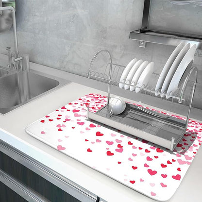 Valentine's Day Dish Drying Mat for Kitchen Counter Love Heart Kitchen Dish Drying Pad 16”x18” Absorbent Reversible Happy Valentine Dishes Drainer Pad Dish Drying Rack Mat for Countertop