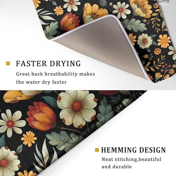 Vintage Boho Floral Dish Drying Mat for Kitchen Counter,Yellow Beige Black Spring Flower Drying Mat 18 x 24 Inch with Absorbent Reversible Microfiber Drying Pad for Coffee Bar - Image 3