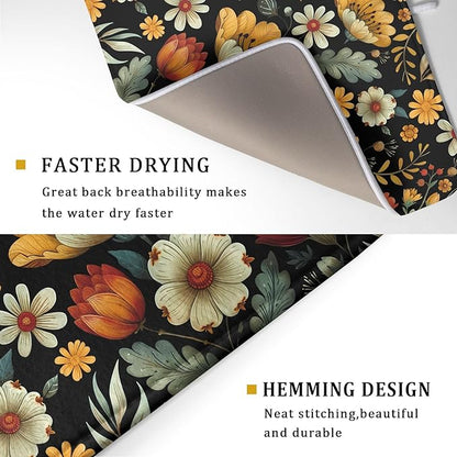 Vintage Boho Floral Dish Drying Mat for Kitchen Counter,Yellow Beige Black Spring Flower Drying Mat 18 x 24 Inch with Absorbent Reversible Microfiber Drying Pad for Coffee Bar - Image 3