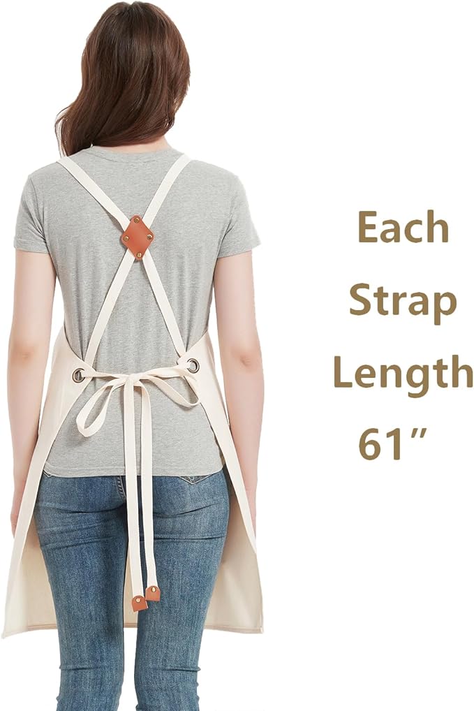 AFUN Chef Aprons for Women Men with Oversized Pockets, 12-Ounce Cotton Canvas Cross Back Water Repellent Apron (Cream) - Image 4