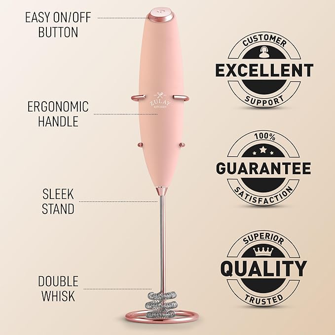 Zulay Kitchen Patented Tornado Triple Whisk Milk Frother with 4 Duracell Batteries – Handheld Foam Maker for Coffee, Lattes, Matcha & Hot Chocolate – Rich, Creamy Froth in Seconds - Rose Peach - Image 7