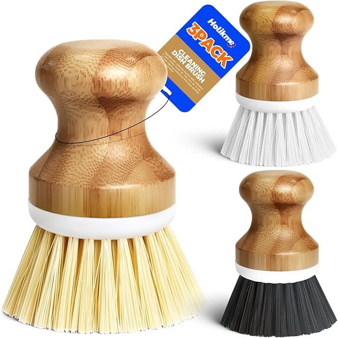 Holikme Bamboo Palm Brush Dish Brushes Vegetable Scrubber Round Natural Scrub Brush Cleaning Kit for Cleaning Saucepans, Pots, Pans and Vegetables, White Yellow Black by Holikme