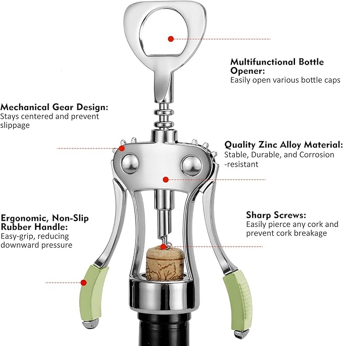 KORCCI Wine Opener, Heavy-Duty Zinc Alloy Wing Corkscrew, Premium Beer Bottle Opener, Multifunctional Wine Accessories with Ergonomic Handle and Sharp Screw, for Kitchen, Bar, Restaurant (GREEN) - Image 3