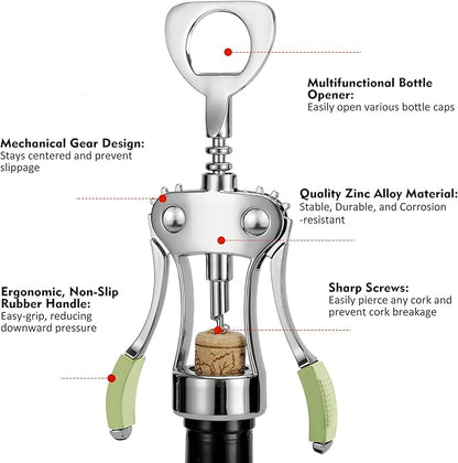 KORCCI Wine Opener, Heavy-Duty Zinc Alloy Wing Corkscrew, Premium Beer Bottle Opener, Multifunctional Wine Accessories with Ergonomic Handle and Sharp Screw, for Kitchen, Bar, Restaurant (GREEN) - Image 3
