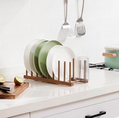 HBlife 2pcs Acacia Wooden Dish Dying Rack Pot Lid Plate Organizer Holder for Cabinet, Cutting Board Stand Drainer Storage Plate Rack for Dish, Pot Lid, Bowl, Cup, Cutting Board and Books - Image 6