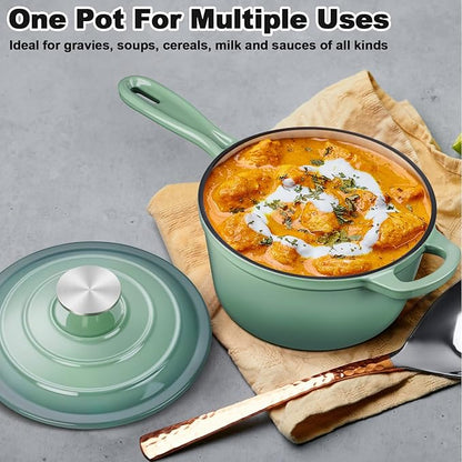 Enameled Cast Iron Sauce Pan with Lid, Leonyo 1 Quart Saucepan with Lid, Enamel Cast Iron Dutch Oven Kitchen Cookware for All Cooktops Cooking Soup, Milk - Up to 500°F & 4.4Lbs, Pistachio Green