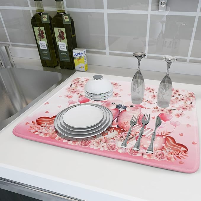 Red Bird Dish Drying Mat Large Absorbent Microfiber Dish Drying Pad for Lover Holiday Decor - Image 6