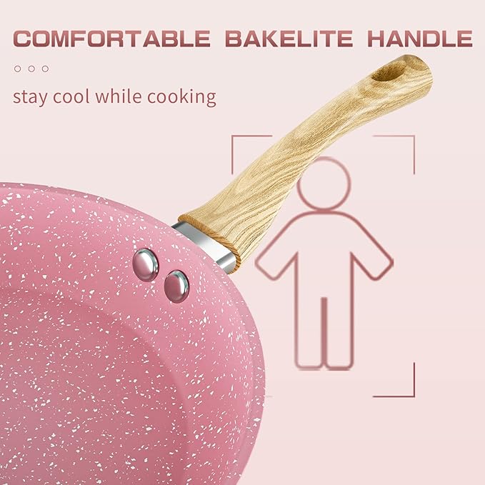 Frying Pan Nonstick, 11 Inch Pink Egg Pan, Non Stick Fry Pan 100% PTFE PFOA-Free Omelet Pan, Toxin-Free Skillets Stone Cookware, Anti-Warp Base with All Stove Tops Available, Induction Compatible - Image 2