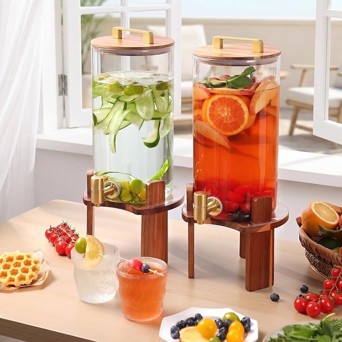 2 PCS 1.5 Gallon Glass Drink Dispenser, Beverage Dispenser With Wood Stand, Lid and Stainless Steel Spigot, Large Water Dispenser for Parties, Perfect for Lemonade, Juice, Tea and Daily Drinks - Image 3