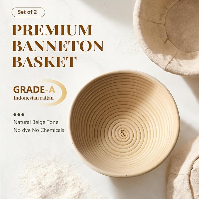 2 Pack Banneton Bread Proofing Baskets for Sourdough, 9 Inch Round Natural Rattan Proofing Basket for Dough Rising, Bread Proofing Bowl Sourdough Bread Baking Supplies for Home Bakers - Image 2