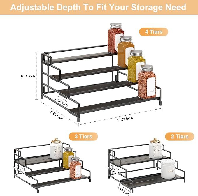 RUILALIFE 4-Tier-Spice-Rack-Organizer-for-Cabinet, Adjustable Depth Spice Holder Shelf For Countertop Pantry Cupboard, Metal Tiered Seasoning Organizer,Display Shelf Riser (Black-1 Pack) - Image 3