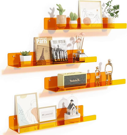 upsimples Acrylic Shelves for Wall Decor, 15" Display Shelf Perfume Organizer for Bathroom, Bedroom, Living Room, Floating Bookshelves for Kids, Clear Orange, 4 Pack by upsimples