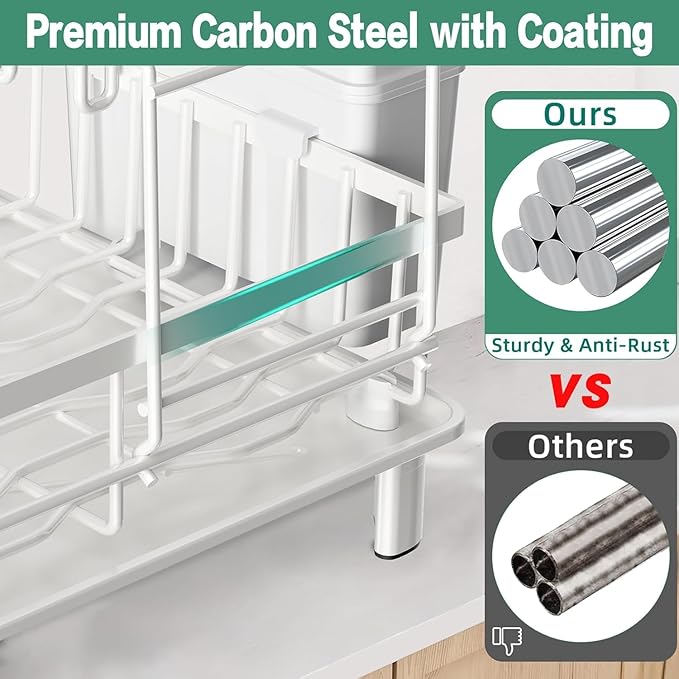 Dish Drying Rack, 2 Tier Dish Racks for Kitchen Counter, Compact Dish Drainer Rack, Detachable Dish Rack with Drainboard, Utensil Holder, Cup Holder for Small Space - White - Image 5
