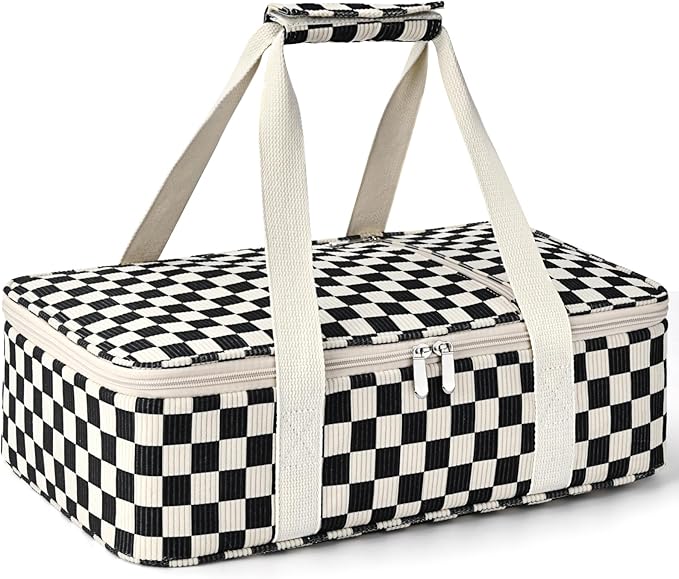 Insulated Casserole Carrier for Hot or Cold Food,Pie Carrier Bag Lunch Bag Tote for Potluck Parties/Picnic/Cookouts, Fits 9"x13" Baking Dish,Corduroy Black Checkered