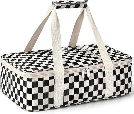 Insulated Casserole Carrier for Hot or Cold Food,Pie Carrier Bag Lunch Bag Tote for Potluck Parties/Picnic/Cookouts, Fits 9"x13" Baking Dish,Corduroy Black Checkered