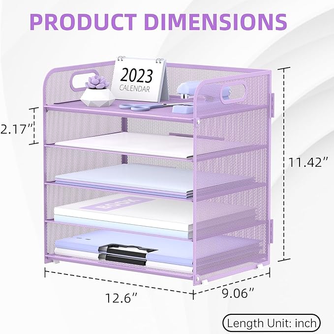 Supeasy 5 Trays Paper Organizer Letter Tray with Handle-Mesh Desk File Holders, Paper Sorter Desk Organizer for Office, Home, Classeoom or School, Purple - Image 5