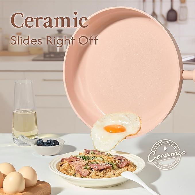 CAROTE Pots and Pans Set Nonstick, Ceramic Cookware Set, Pink Cooking Set Kitchen Induction Set with Steamer, PFAS PTFE Free,9 Piece - Image 3