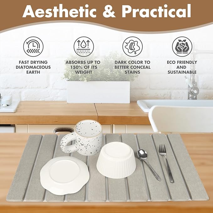 Large Stone Dish Drying Mat for Kitchen Counter, Eco-friendly, Instant Drying Pad,Diatomaceous Earth Water Absorbing Mat, Foldable and Super Absorbent Dish Drying Stone Mat, 24"×16", Warm Gray - Image 2