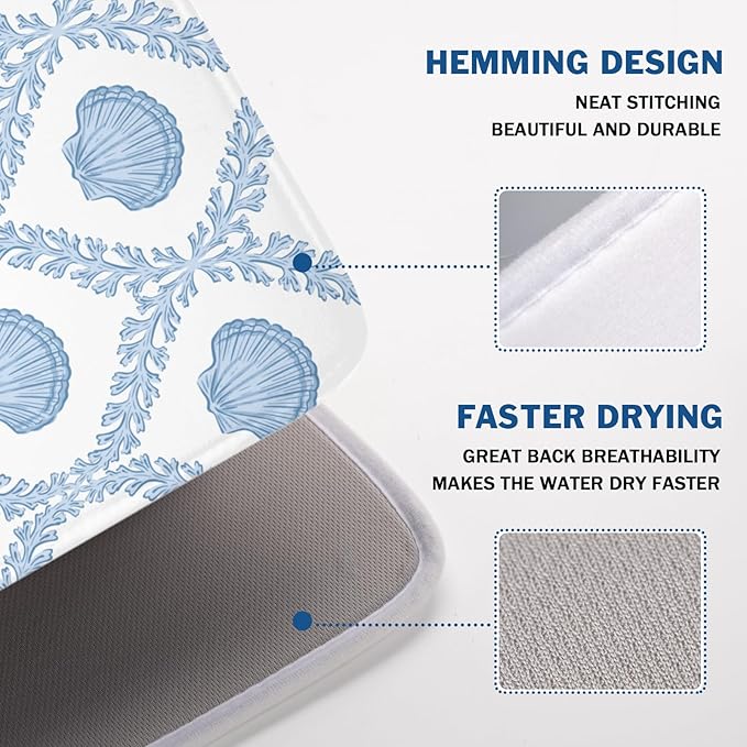 Summer Sea Shell Drying Mat 24x18 Inch, Light Blue Drying Mat with Absorbent Reversible Microfiber, Coastal Dish Drainer Mats Holiday Ocean Rack Pad for Coffee Countertop Kitchen Protector