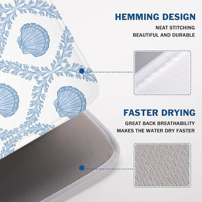 Summer Sea Shell Drying Mat 24x18 Inch, Light Blue Drying Mat with Absorbent Reversible Microfiber, Coastal Dish Drainer Mats Holiday Ocean Rack Pad for Coffee Countertop Kitchen Protector
