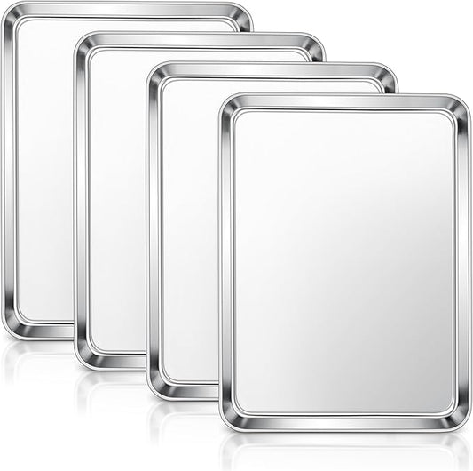 E-far Stainless Steel Baking Sheets Set of 4, 12.4” x9.7” Baking Cookie Sheets Pans for Oven, Non-toxic Metal Trays for Cake Cookies, Healthy & Rust Free, Mirror Finish & Dishwasher Safe by E-far