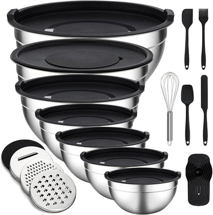 Unokit Mixing Bowls with Lids Set - 16 Pcs Stainless Steel Nesting Mixing Bowls with Grater Attachments, Mixing Bowl Set for Multi Mixing & Serving by Unokit