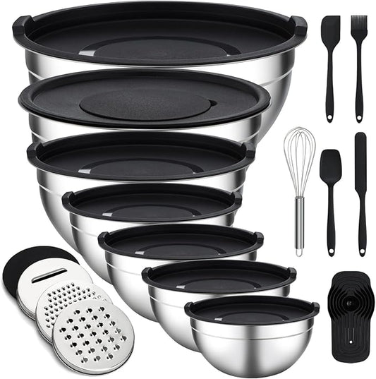 Unokit Mixing Bowls with Lids Set - 16 Pcs Stainless Steel Nesting Mixing Bowls with Grater Attachments, Mixing Bowl Set for Multi Mixing & Serving by Unokit