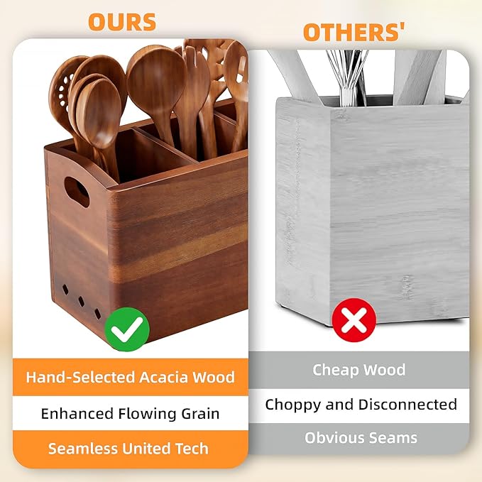 Natural Acacia Wood Utensil Holder for Kitchen Counter (X-Large), 4 Compartment with Removable Dividers 15.7"x7.2"x5.04", Extra Large Cooking Utensil Organizer - Anti-Scratch Bottom - Image 3