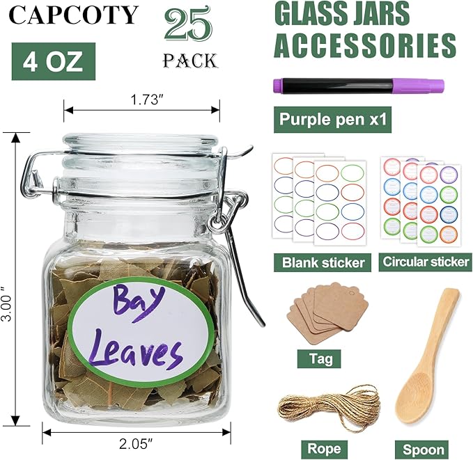 Brajttt 4 oz Spice Jars with Labels,25 Pack Small Glass Jars with Lids,Small Glass Containers with Airtight Hinged Lid for Home Kitchen, Arts & Crafts Projects, Spices, Decoration, Snack Foods - Image 2