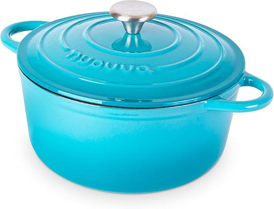 Cast Iron Pot with Lid – Non-Stick Ovenproof Enamelled Casserole Pot, Oven Safe up to 500° F – Sturdy Dutch Oven Cookware – Blue, 5-Quart, 24cm – by Nuovva by Nuovva