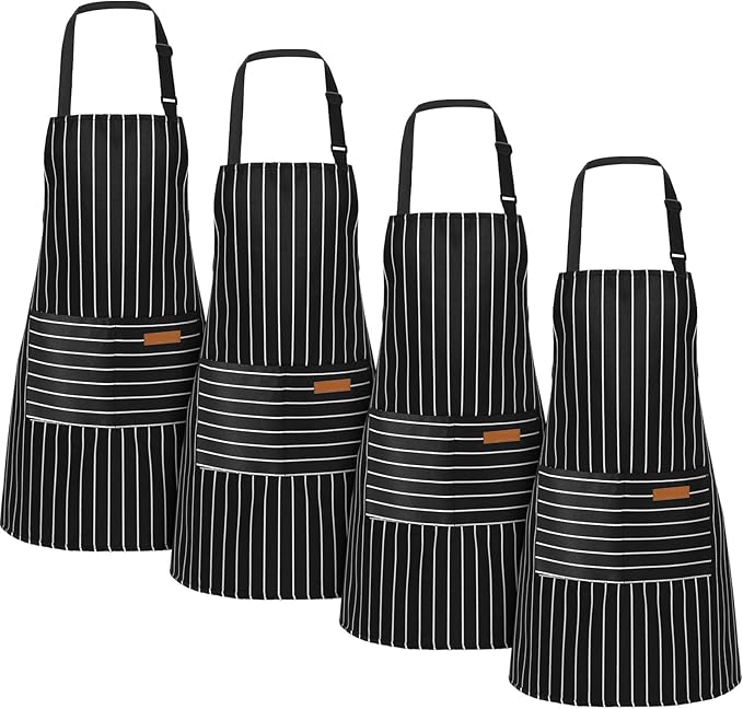 Handepo 4 Pcs Kitchen Aprons with Pockets Adjustable Waterproof Cotton Aprons Striped Apron for Women Men Chef Mother Gift by Handepo