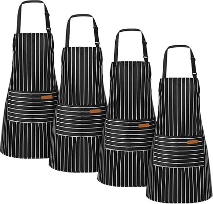 Handepo 4 Pcs Kitchen Aprons with Pockets Adjustable Waterproof Cotton Aprons Striped Apron for Women Men Chef Mother Gift by Handepo