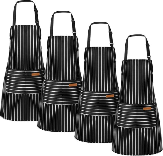 Handepo 4 Pcs Kitchen Aprons with Pockets Adjustable Waterproof Cotton Aprons Striped Apron for Women Men Chef Mother Gift by Handepo
