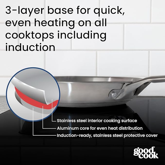 GoodCook Stainless Steel Fry Pan 12-Inch, Oven-Safe to 500F & Induction-Safe Compatible with All Stovetops 3-Layer Construction for Even Heating Non-Toxic PTFE & PFOA Free, Silver