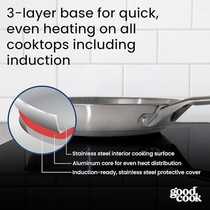 GoodCook Stainless Steel Fry Pan 12-Inch, Oven-Safe to 500F & Induction-Safe Compatible with All Stovetops 3-Layer Construction for Even Heating Non-Toxic PTFE & PFOA Free, Silver