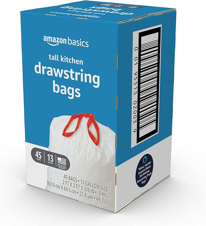 Amazon Basics Tall Kitchen Drawstring Trash Bags, 13 Gallon, Unscented, 45 Count - Image 4