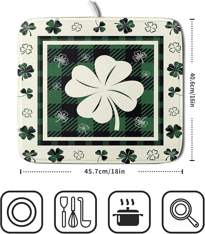 Giwawa Patrick Clovers Dish Drying Mat 16"x18" Lucky Shamrock Spring Leaf Dish Drainer Mats Green Black Buffalo Plaids Absorbent Microfiber Dish Drying Pad for Kitchen Countertop Small Decor