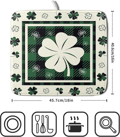 Giwawa Patrick Clovers Dish Drying Mat 16"x18" Lucky Shamrock Spring Leaf Dish Drainer Mats Green Black Buffalo Plaids Absorbent Microfiber Dish Drying Pad for Kitchen Countertop Small Decor