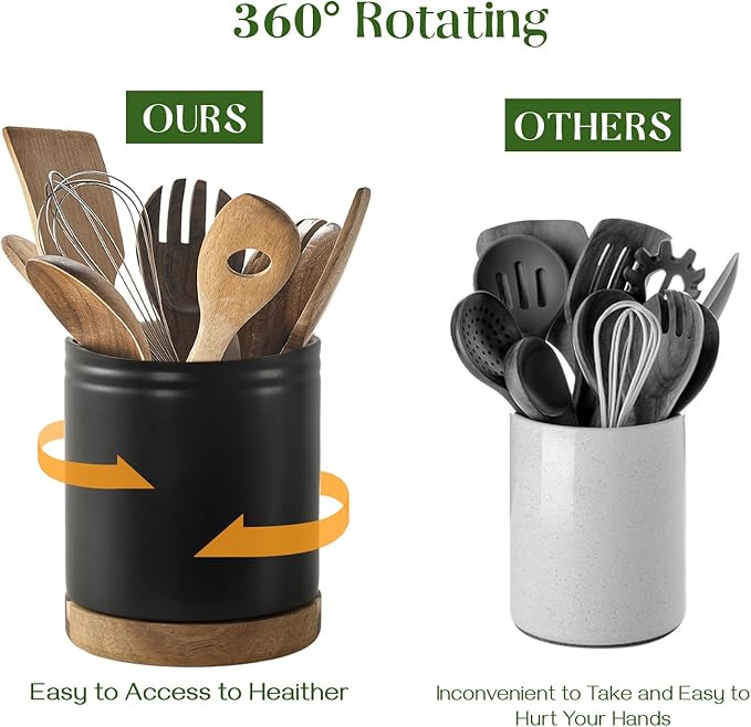 DOWAN 7.6" 360° Rotating Utensil Holder, Kitchen Utensil Holder for Countertop, Ceramic Utensil Crock, Large Cooking Utensil Caddy for Kitchen Counter, Protection Cork Bottom, Black - Image 5