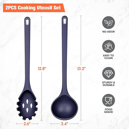 Silicone Spaghetti Spoon&Soup Ladle Cooking Utensils Set of 2,No Scratch for Nonstick Cookware,BPA Free, 450℉ Heat Resistant (BLUE) - Image 6