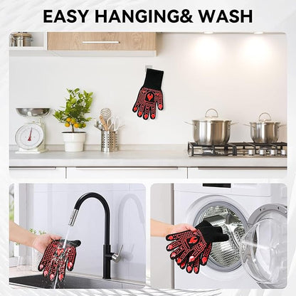 BBQ & Grill Gloves, Oven Gloves, 1472°F Silicone Oven Mitts Heat Resistant Grilling Gloves Fireproof Non-Slip for Barbecue Cooking Baking Smoking, 1-Pair Red（M）