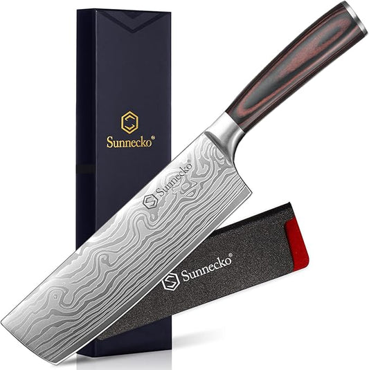 Sunnecko Japanese Nakiri Knife 7 Inch - Carbon Steel Chef Knife Vegetable Cleaver with Sheath, Kitchen Gift for Home Cooks, Professional Kitchen Knife Gift Box by Sunnecko